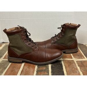 Steve Madden Brown Combat Boots Faux Leather Canvas Lace-Up‎ Zip Ankle Men's 13